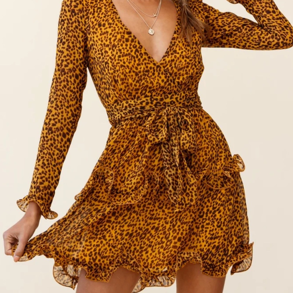 Mustard Chiffon Dress Animal Print, SelfieLeslie